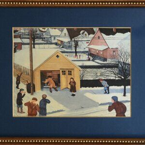 Framed art print Winter Scene Snow matted signed houses people wood frame